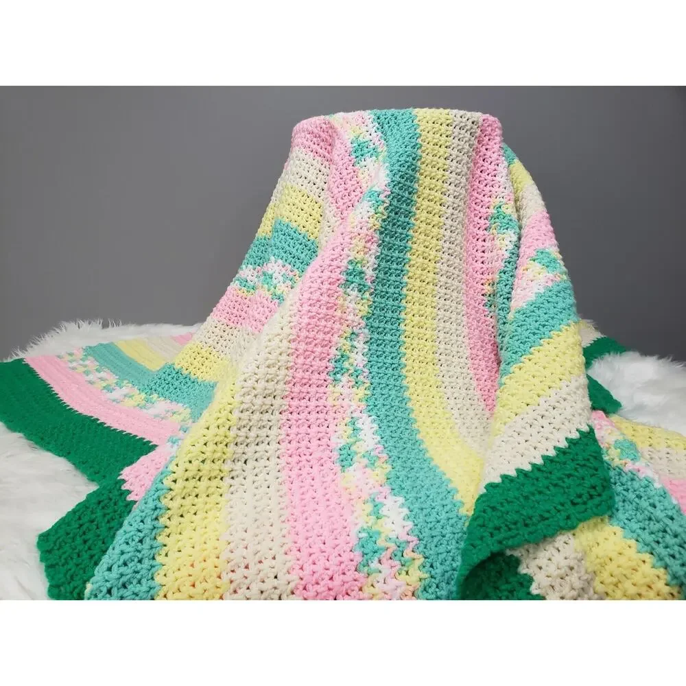 Vintage pink yellow green afghan blanket throw nursery y2k bedroom decor easter